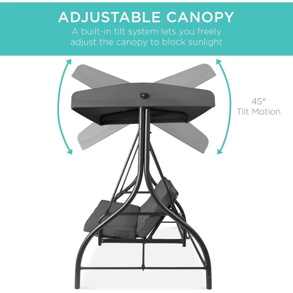 3-Seat Outdoor Large Converting Canopy Swing Glider, Patio Hammock Lounge Chair for Porch, Backyard w/Flatbed, Adjustable Shade
