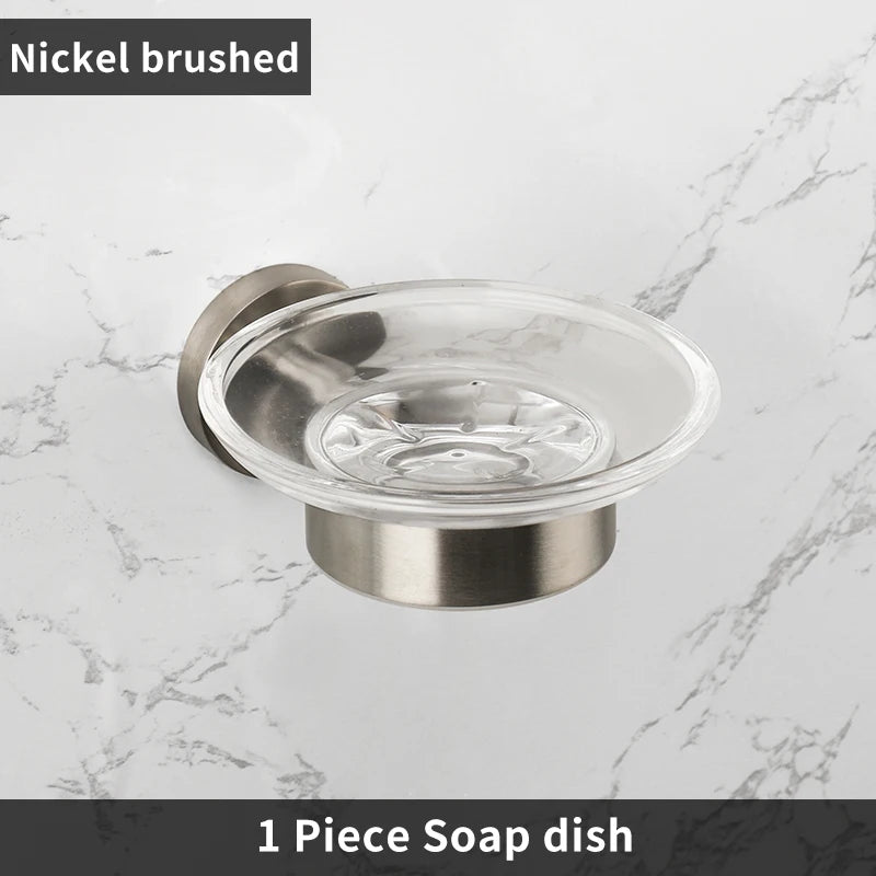 Brushed Nickel Bathroom Accessories Towel Bar Hooks Towel Rack Shelving Roll Paper Holder Toilet Brush Soap Dish Glass Shelf