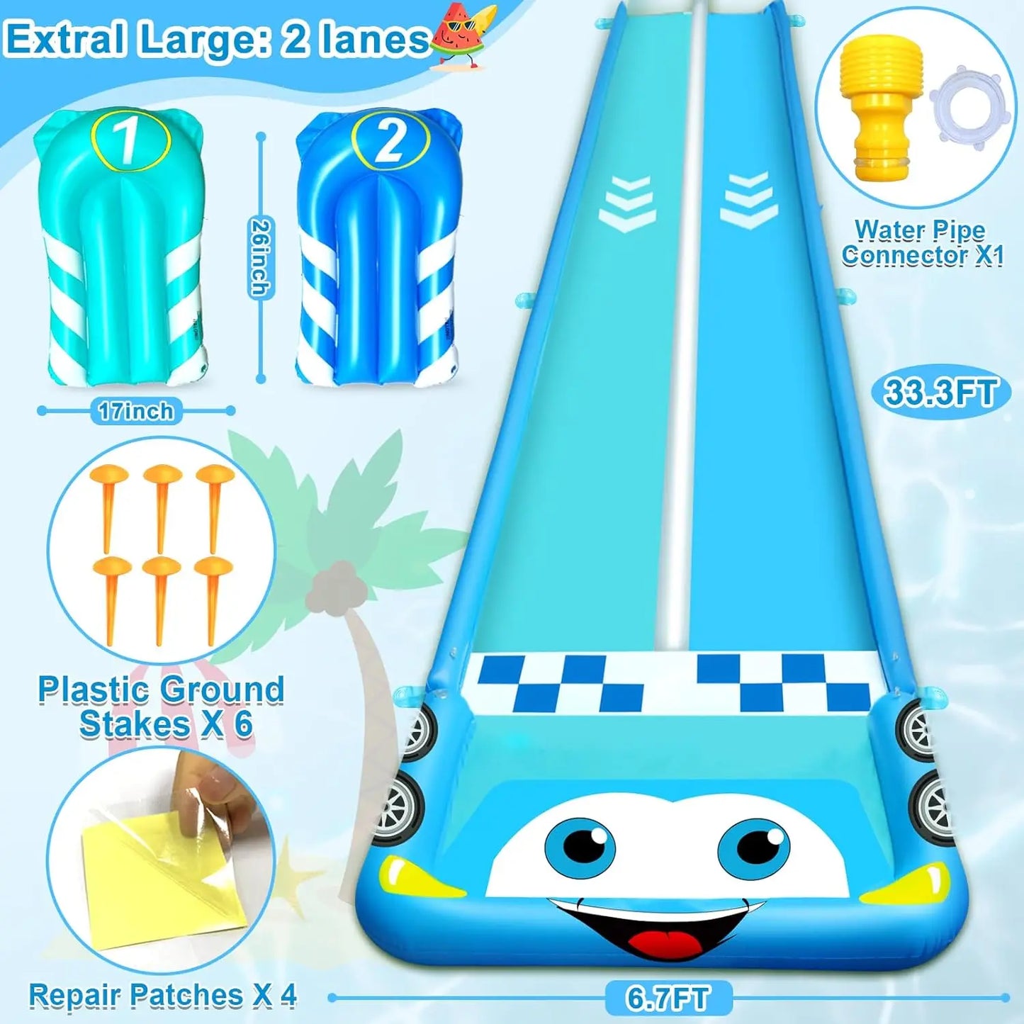 33.3FT Extra Long Water Slide for Kids, Race Car Double Lane Lawn Water Slip Splash and Slides with 2 Bodyboards, Safety Fence,