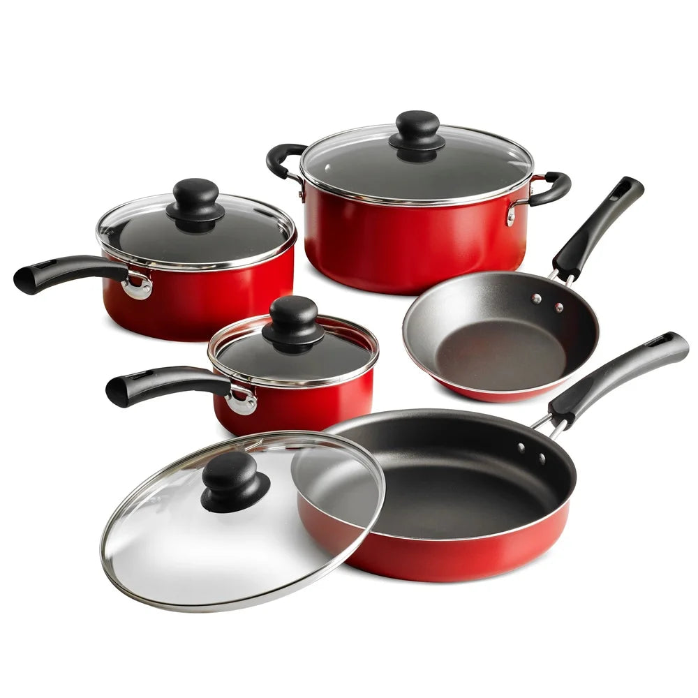 9 Piece Nonstick Cookware Set with Tempered Glass Lids Easy Clean Aluminum Stackable Design Everyday Cooking