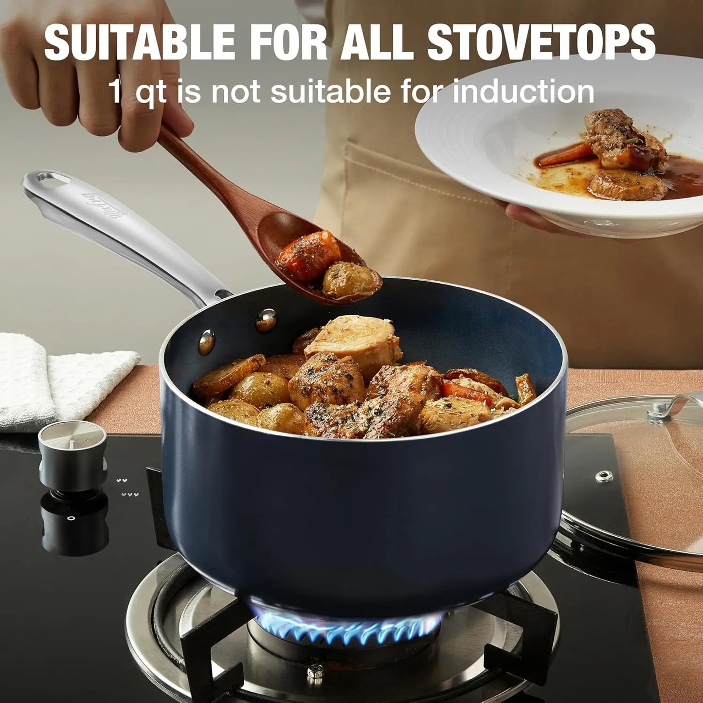 HLAFRG 1+2+3QT Nonstick Saucepan Set with Lids, Small Pot Set, Ceramic Coating, Easy to Clean, Stainless Steel Handle, Blue