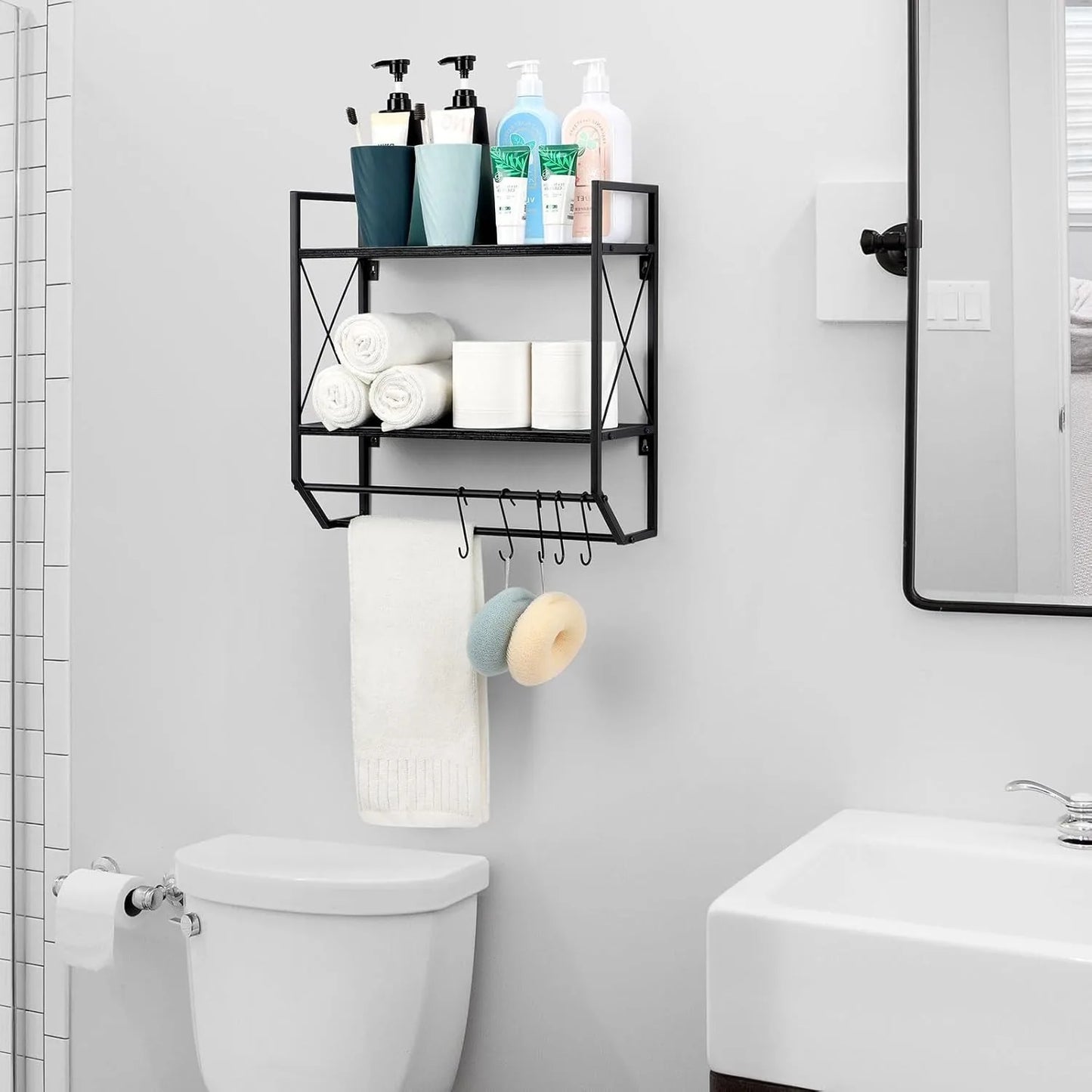 Space Saving 2-Tier Towel Rack Over Toilet, Industrial Wall Shelf w/ Bar & Hooks, Bathroom Storage Organizer Modern Black