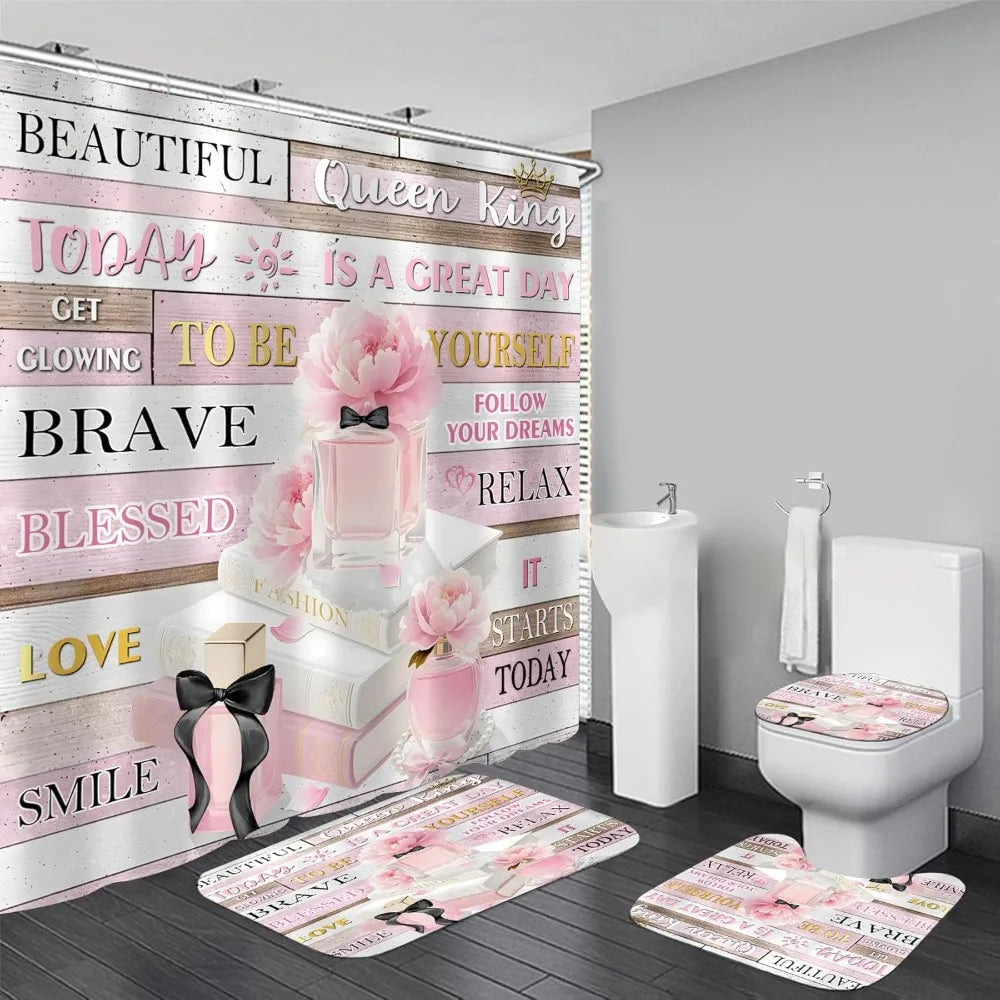 4pcs shower curtain set pink fashion floral bathroom decor inspirational quotes bathroom shower curtain with rugs and accessori