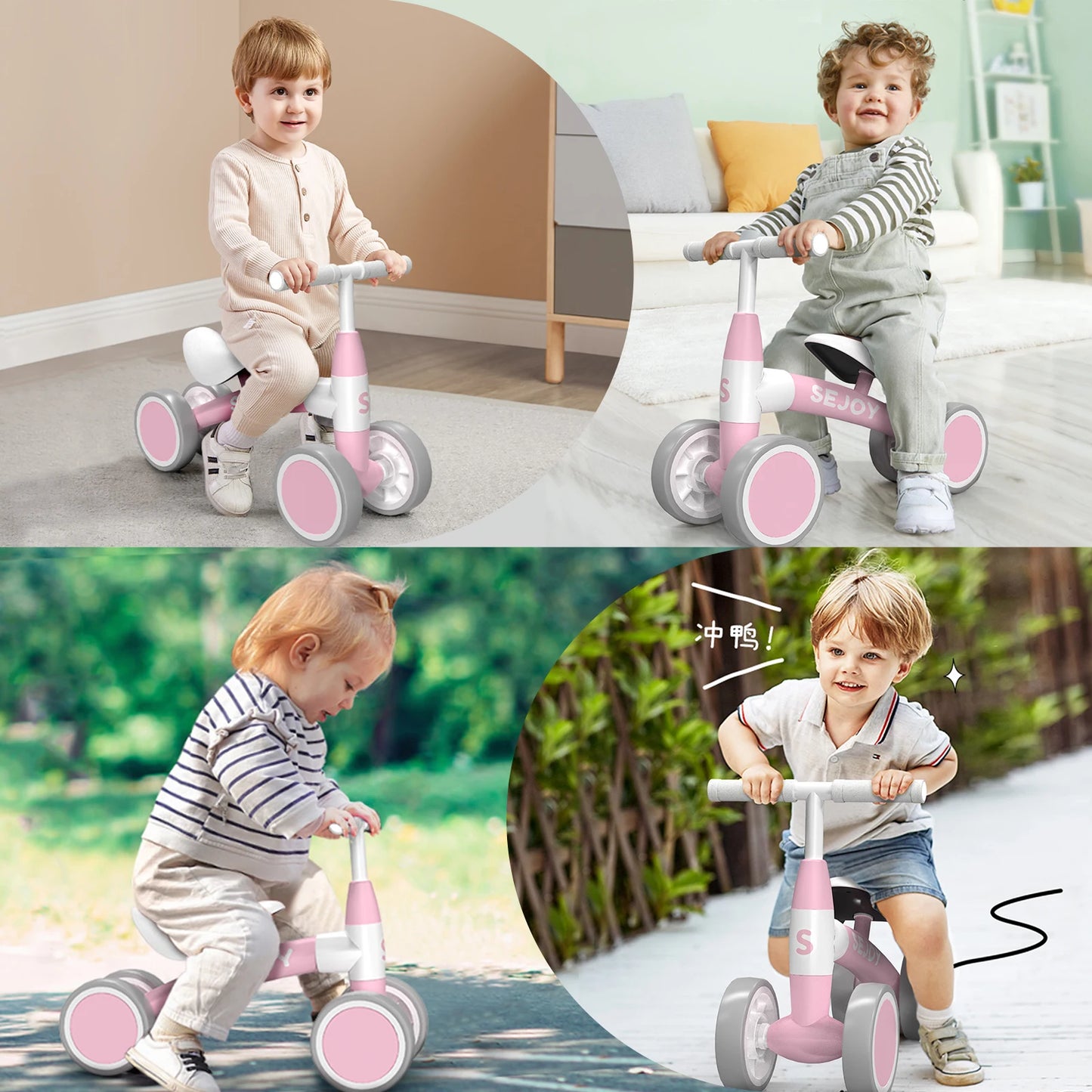 Sejoy Baby Balance Bike for 12-36 Month Toddler Riding Toy 4 Wheels Toddler First Bike,Birthday Gifts Boys Girls,Green/Pink