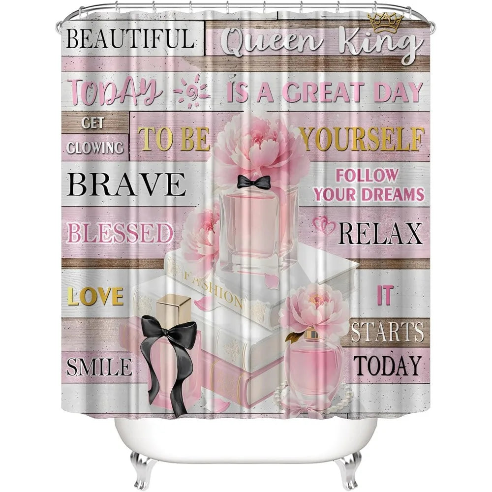 4pcs shower curtain set pink fashion floral bathroom decor inspirational quotes bathroom shower curtain with rugs and accessori