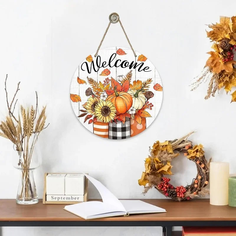 Thanksgiving Front Door Decor - Fall Pumpkin & Sunflower Wood Wreath with Mason Jar for Porch or Farmhouse Wall Display