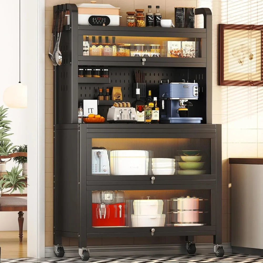 63 Inch Bakers Rack with Acrylic Door and Storage, Farmhouse Coffee Bar Cabinet, Microwave Stand Kitchen Cabinet with 8 S-Shaped