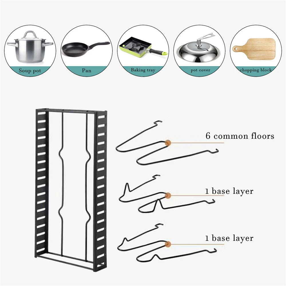 8 Tiers Pan Pot Organizer Rack Multi-layer Iron Wire Bilateral Pot Adjustable Cabinet Pots Lids Storage Rack Kitchen Tool