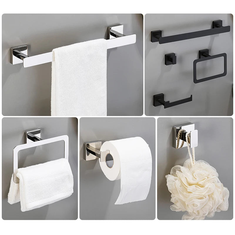 Matte Black Bathroom Accessories Set Wall Mount Towel Bar Towel Ring Roll Paper Holder Robe Hook Stainless Steel Hardware Set