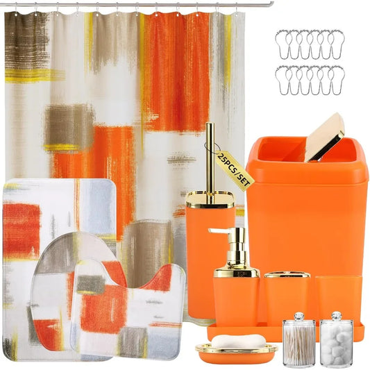 Orange Bathroom Set for Modern Home Decor: Complete Bathroom Accessories with Shower Curtain NonSlip Rug Trash Can Soap Dispens