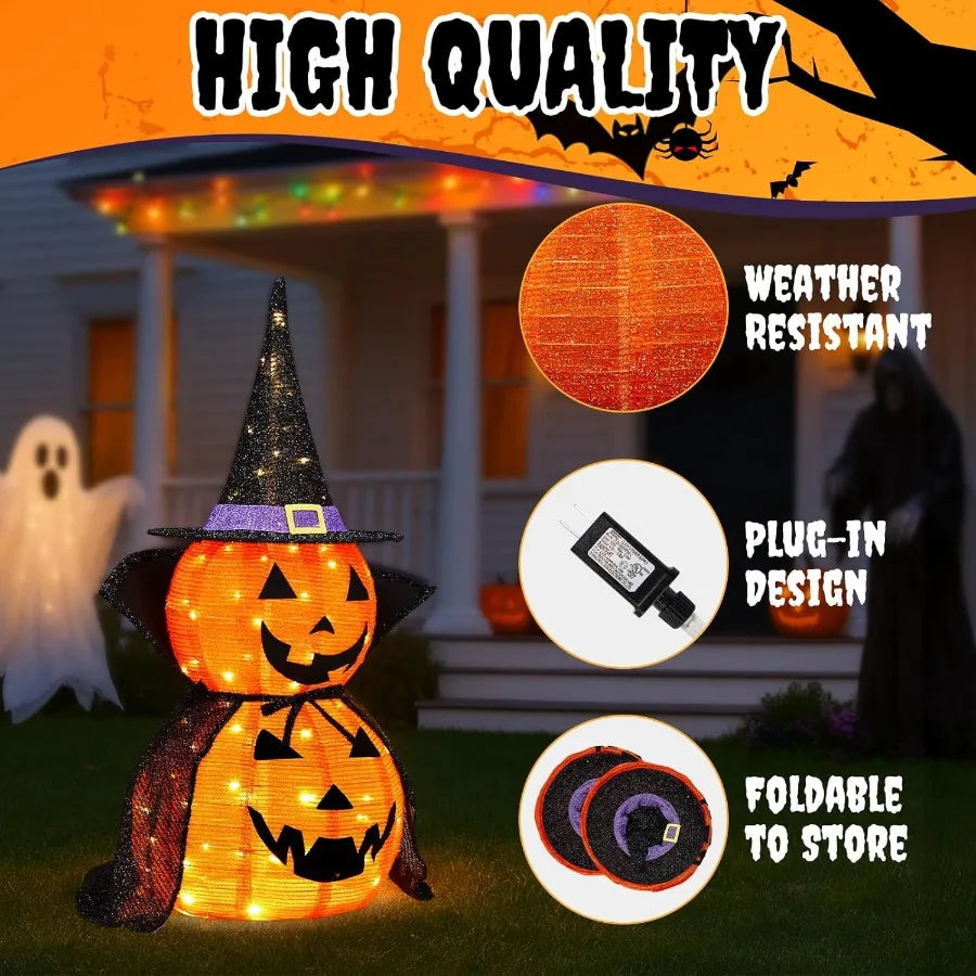 2PC Halloween Collapsible Pumpkin Decoration with 150 LED PopUp Pumpkin Lamp and Star Cap 3FT Plugin Halloween Lantern Featurin