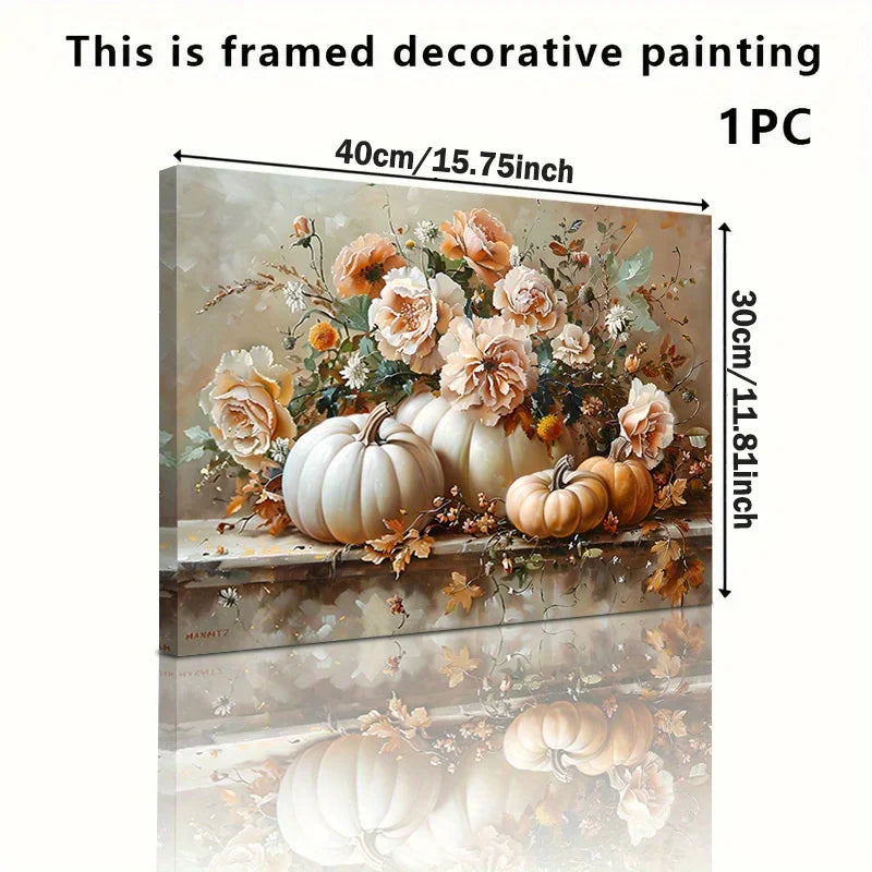 1Pc Flower & Pumpkin Canvas Art | Canvas Wrapping Frame | Halloween & Thanksgiving Decor | Home/Wall Art for Living Room Parties