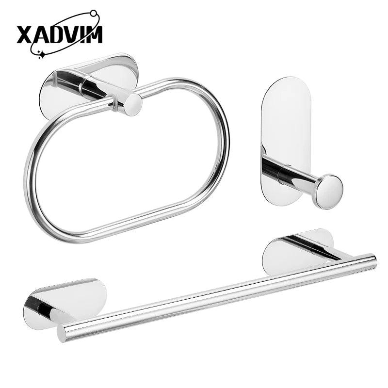 Silver Gold 304 Stainless Steel Towel Bar No Drilling Paper Holder Self-adhesive Towel Ring Robe Hook Bathroom Accessories Set