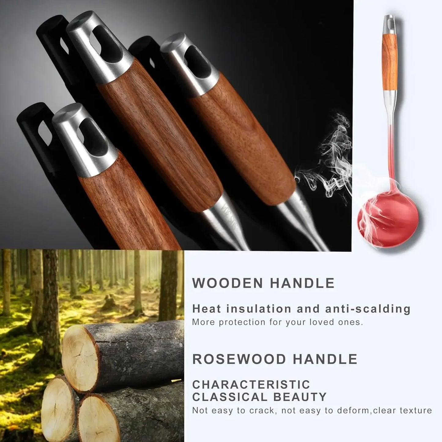 304 Stainless Steel Kitchen Utensils Set with Wooden Handle for Cooking 9 PCS with Solid Spoon, Slotted Spoon, Fork, Spatula