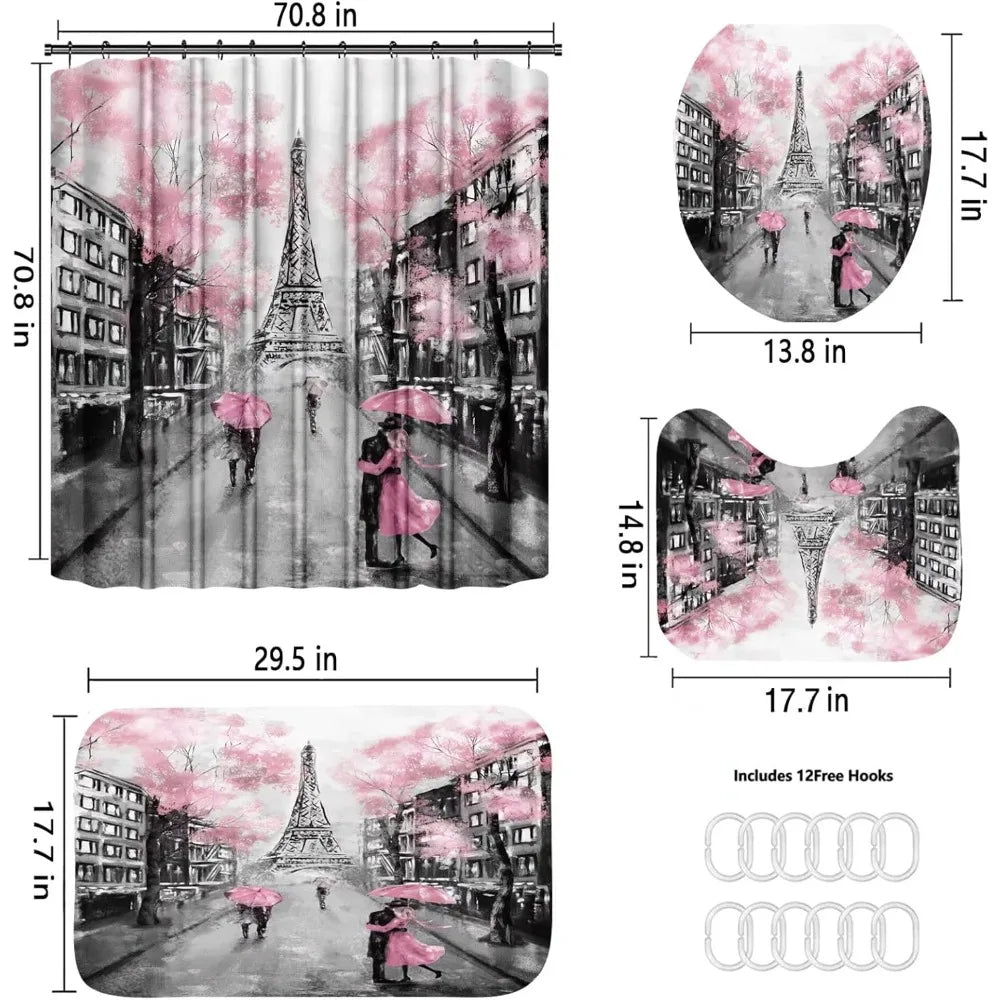 4pcs paris eiffel tower pink shower curtain sets bathroom set decor with non-slip rugs bath u-shaped mat toilet lid cover water