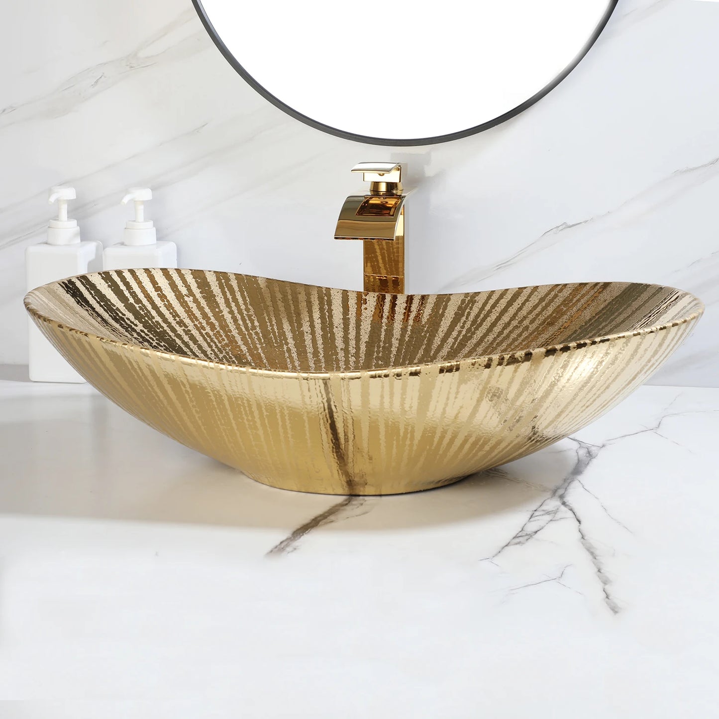 KEMAIDI Big Gold Bathroom Vessel Sink Combos Faucet And Drain Set 24x14 Inch Oval Ceramic Basin Bowl Above Counter Bowl Sinks