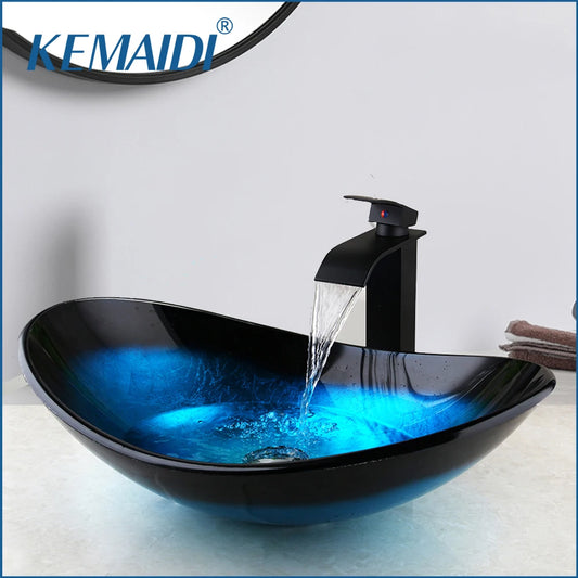 KEMAIDI Bathroom Vessel Sink Tempered Glass Basin Sink Faucet Combo Blue Countertop Basin Sinks Washbasin for Bathroom Hotel