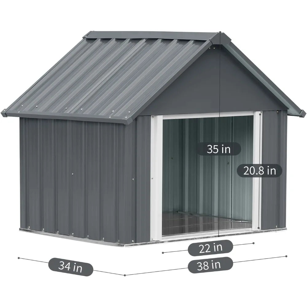 34 X 38 X 35 Inch Metal Dog House, Indoor Outdoor Doghouse for Medium Large Dogs, Weatherproof Puppy Shelter, Sturdy and Long-La
