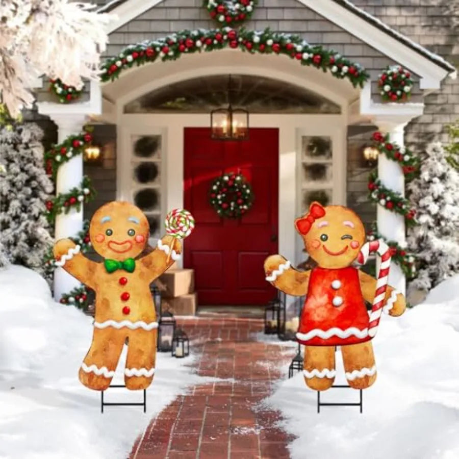 Outdoor Christmas Decorations 2pcs Large Gingerbread Man Boy Girl Metal Yard Stakes for Rustic Winter Lawn Garden Front Door Ho