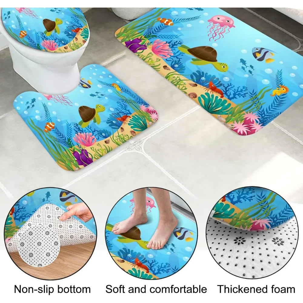 4 pcs kids bathroom shower curtain set, ocean sea turtle bathroom sets for kids bathroom decoration with shower curtain, non sl