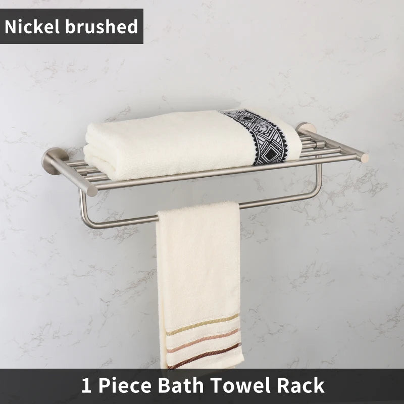 Brushed Nickel Bathroom Accessories Towel Bar Hooks Towel Rack Shelving Roll Paper Holder Toilet Brush Soap Dish Glass Shelf