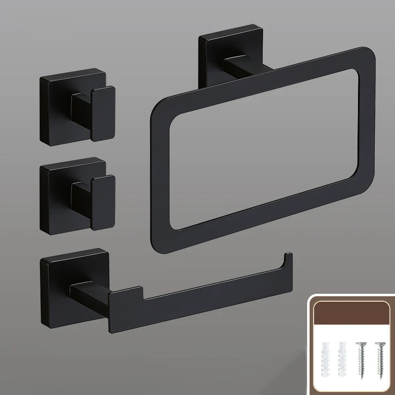 Matte Black Bathroom Accessories Set Wall Mount Towel Bar Towel Ring Roll Paper Holder Robe Hook Stainless Steel Hardware Set