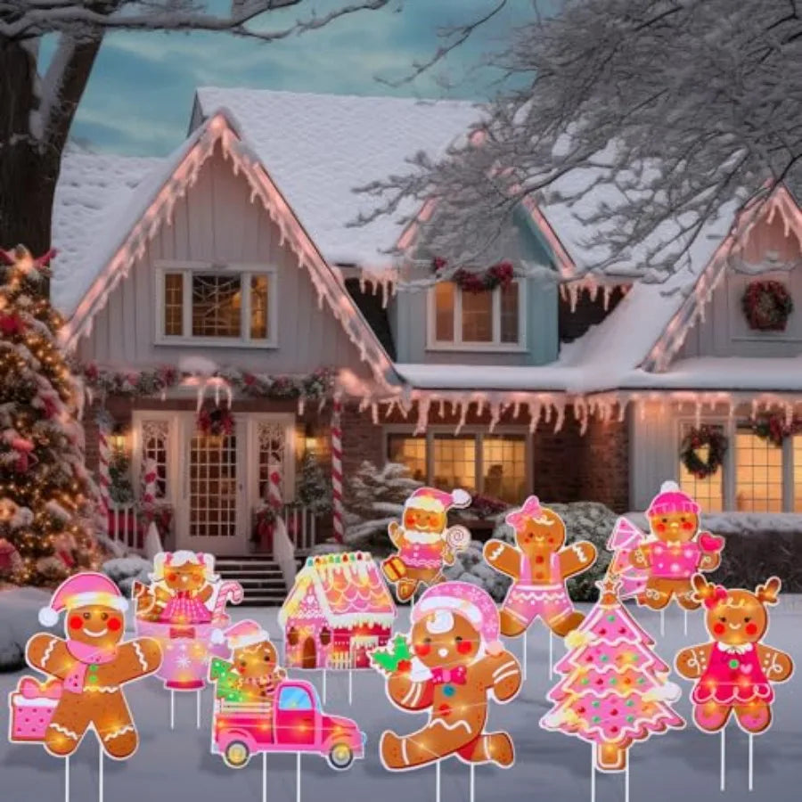 10 Pcs Pink Christmas Gingerbread Man Yard Signs with Stakes Light Up Outdoor Holiday Decorations for Lawn Garden Pathway House