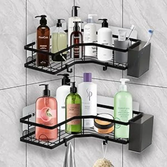 QYQRQF Adhesive Corner Shower Caddy No Drilling Stainless Steel Storage Rack with Hooks for Bathroom Rustproof Space Saving