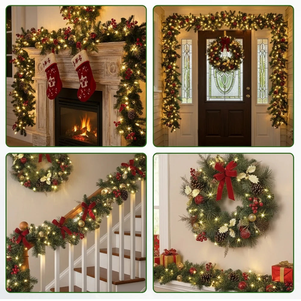 Christmas Rattan Garland Wreath, Artificial LED Decoration with Pinecones Red Berries for Xmas Tree Banner, New Year Home Decor