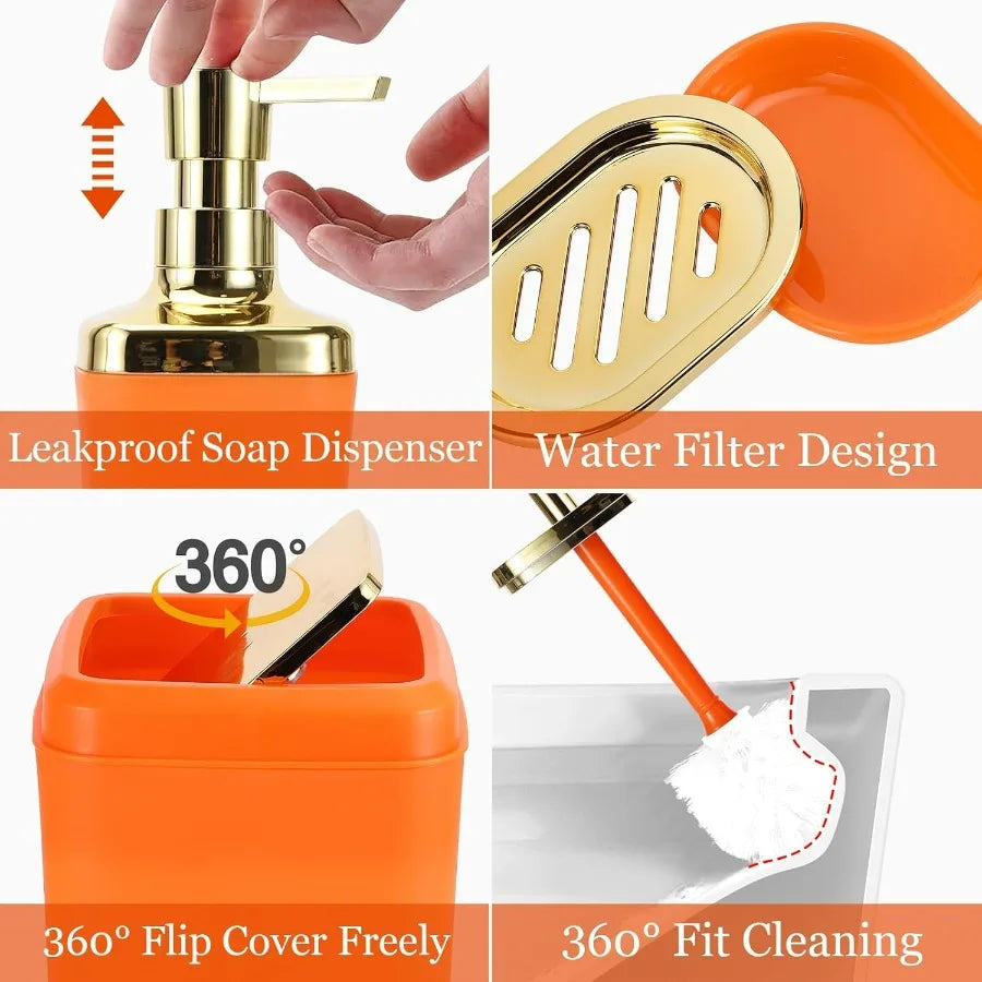 Orange Bathroom Set for Modern Home Decor: Complete Bathroom Accessories with Shower Curtain NonSlip Rug Trash Can Soap Dispens