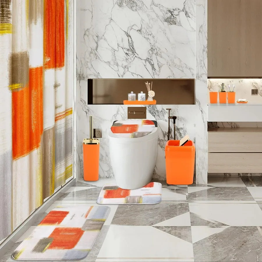 Orange Bathroom Set for Modern Home Decor: Complete Bathroom Accessories with Shower Curtain NonSlip Rug Trash Can Soap Dispens