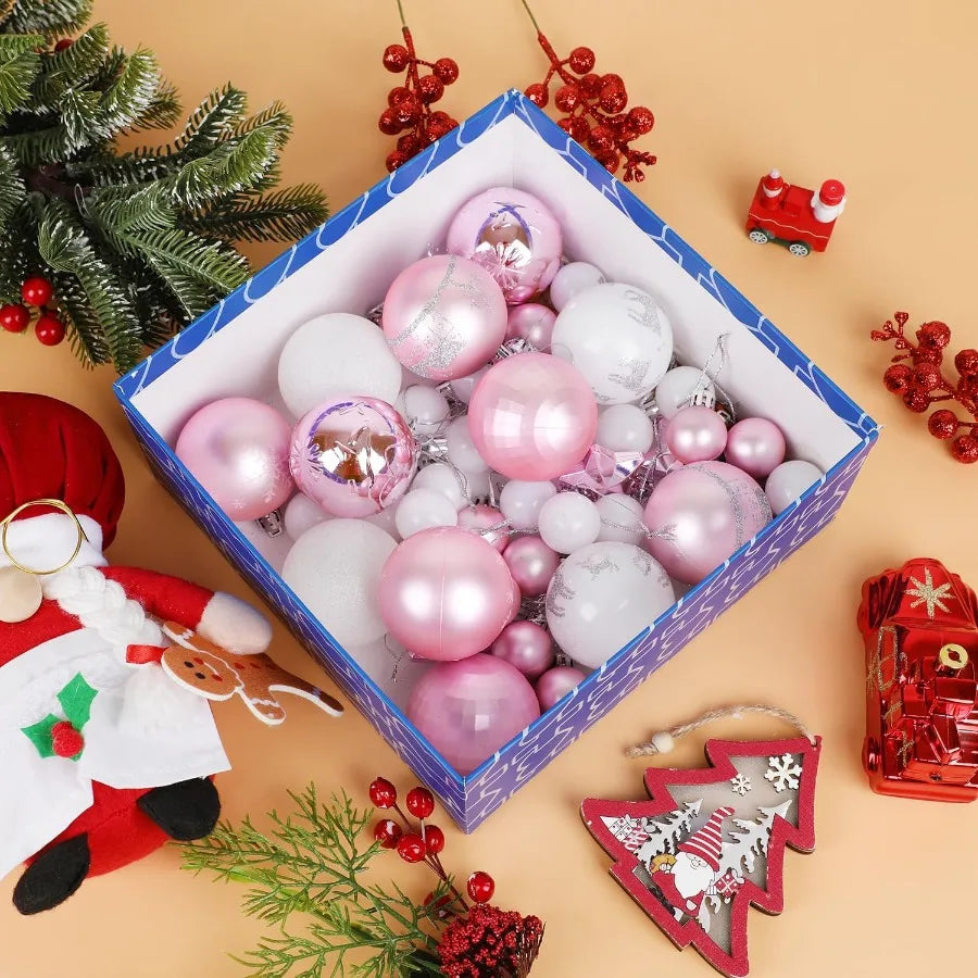 44 Pcs Shatterproof Plastic Christmas Balls Ornaments Set in Pink White for Holiday Party Wedding and Christmas Tree Decoration