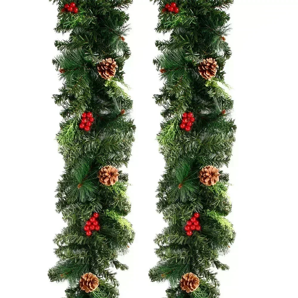 Christmas Rattan Garland Wreath, Artificial LED Decoration with Pinecones Red Berries for Xmas Tree Banner, New Year Home Decor