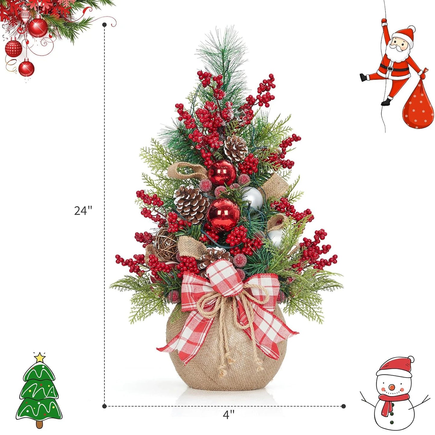 24 Inch Mini Christmas Tree with Lights Pre-Lit Artificial Table Tree with Bow & Balls Red Berries Pine Cones DIY Home Decor