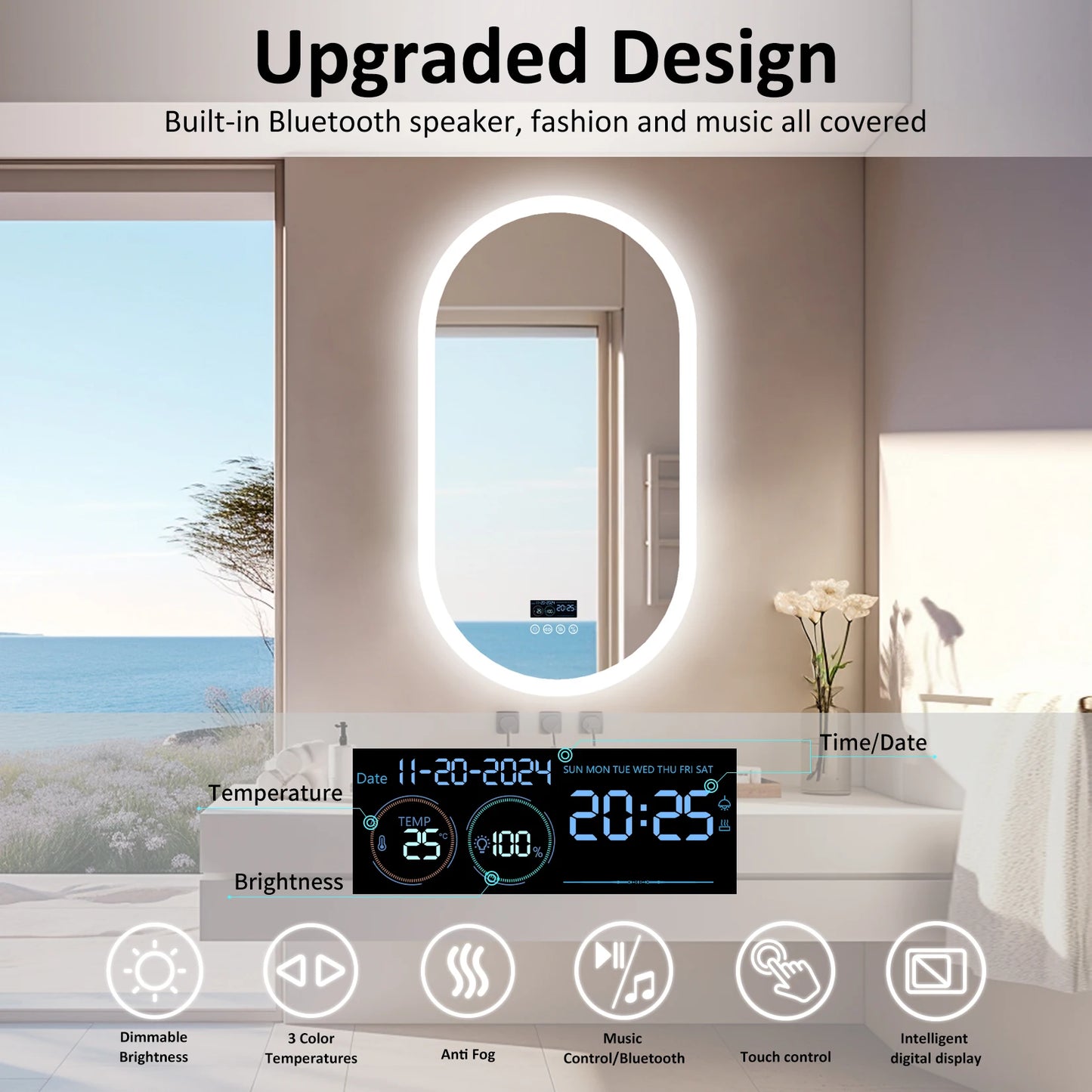 LUVODI Lighted Bluetooth Bathroom Mirror Led Backlit Illuminate Vanity Mirror with Time Date Display Anti-fog