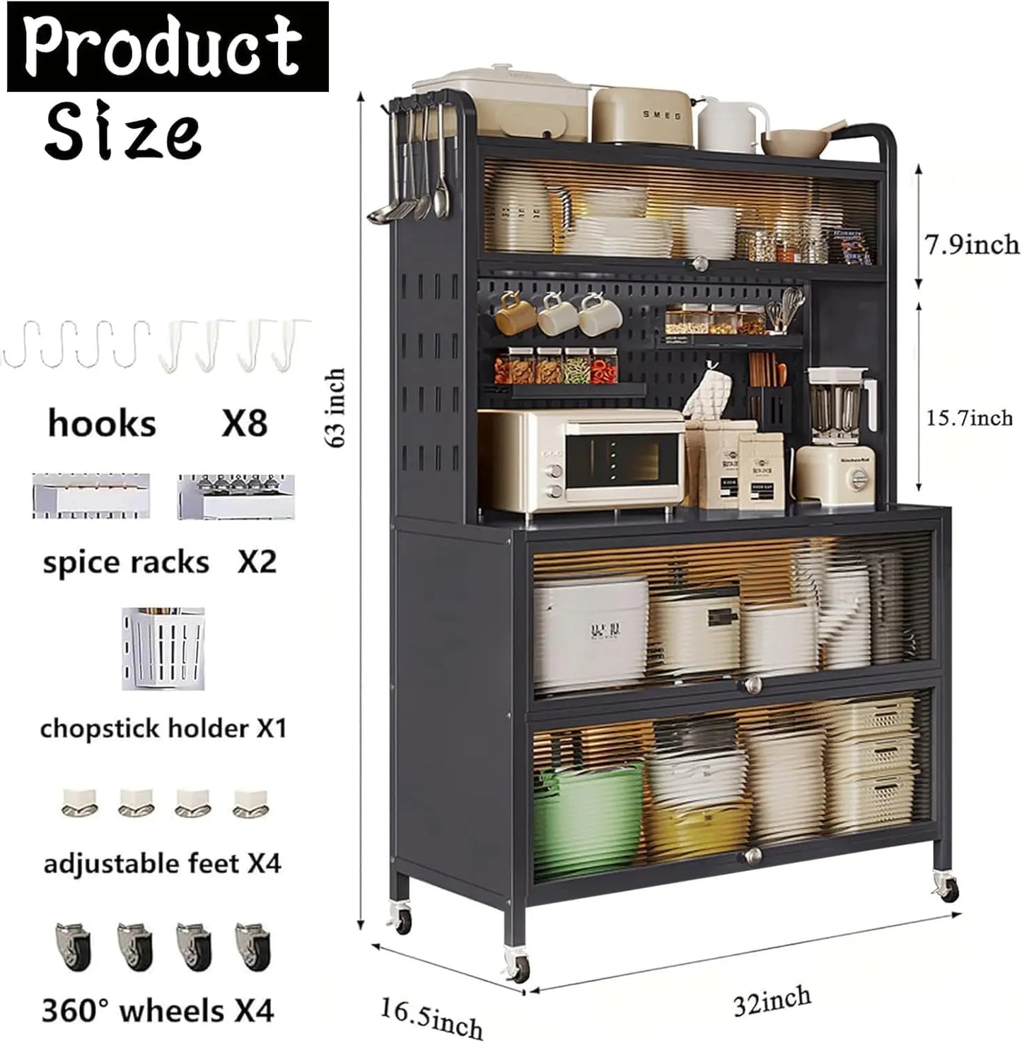 63 Inch Bakers Rack with Acrylic Door and Storage, Farmhouse Coffee Bar Cabinet, Microwave Stand Kitchen Cabinet with 8 S-Shaped