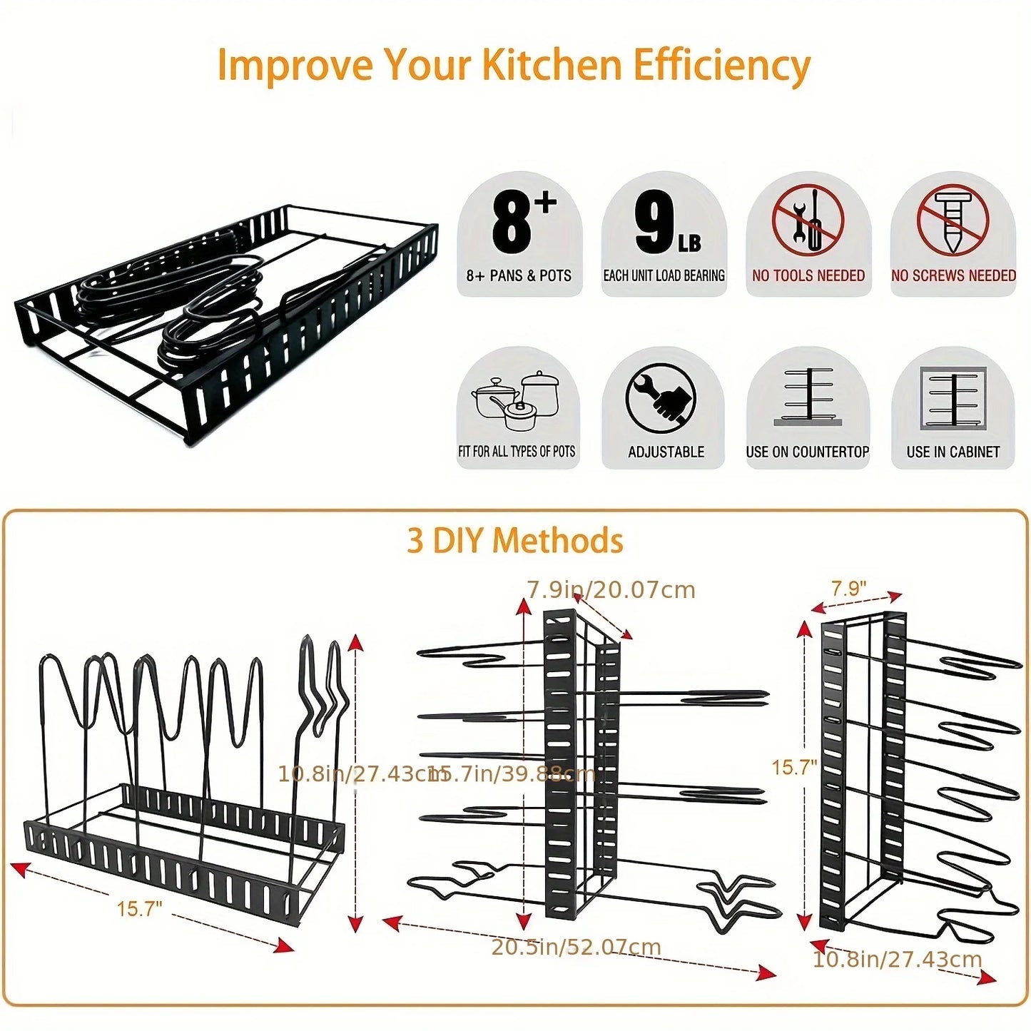 2 Pack Pot Rack, Pot Rack Organizers, Kitchen Organization & Storage Rack, Adjustable Pot Lid Holders & Pan Rack
