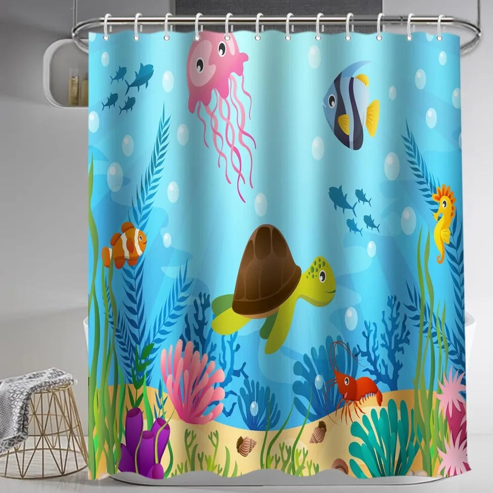 4 pcs kids bathroom shower curtain set, ocean sea turtle bathroom sets for kids bathroom decoration with shower curtain, non sl