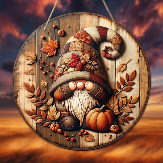 Thanksgiving Gnome Autumn Wreath Decor Vintage Pumpkin Sign, 7.9-inch Manufactured Wood Yard Sign, Multipurpose Wall Hanging