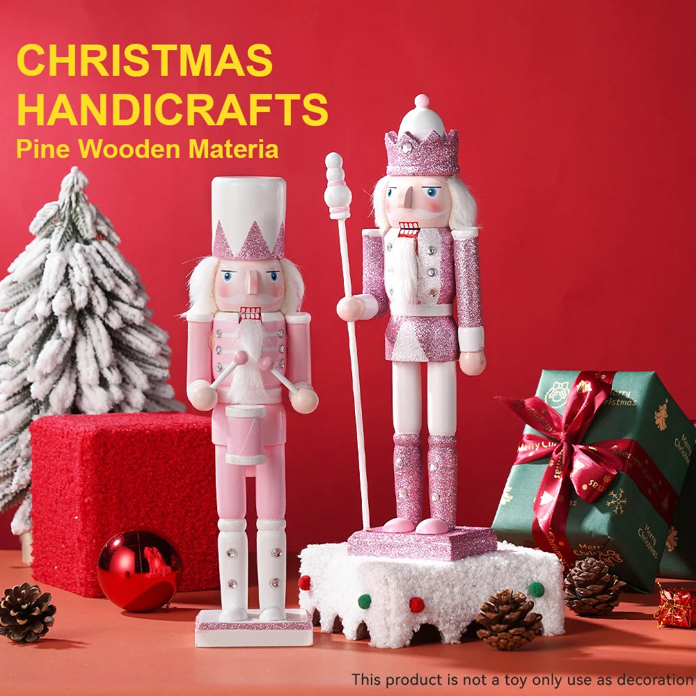 30CM Pink Glitter Nutcracker Soldier Wooden Puppet Handmade Christmas Decor Home Office Ornament Holiday Gift Stocking Stuffer