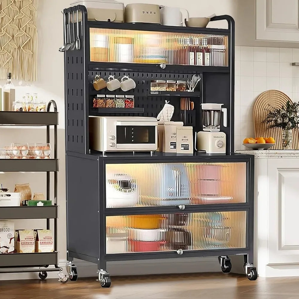 63 Inch Bakers Rack with Acrylic Door and Storage, Farmhouse Coffee Bar Cabinet, Microwave Stand Kitchen Cabinet with 8 S-Shaped