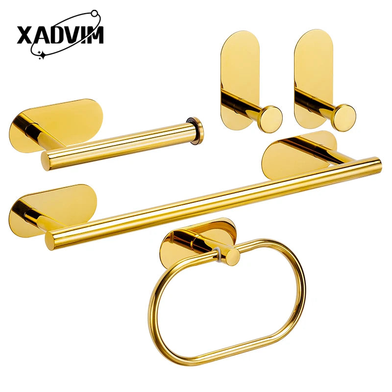 Silver Gold 304 Stainless Steel Towel Bar No Drilling Paper Holder Self-adhesive Towel Ring Robe Hook Bathroom Accessories Set