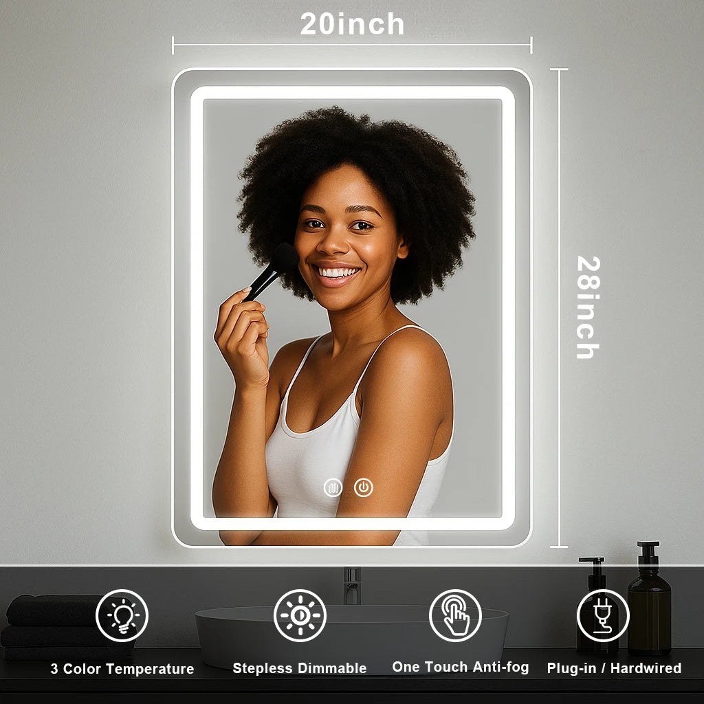 20x28 inch LED Bathroom Mirror Vanity Mirrors with Backlit Lights Fogless Makeup Mirror Wall Mounted with Demister