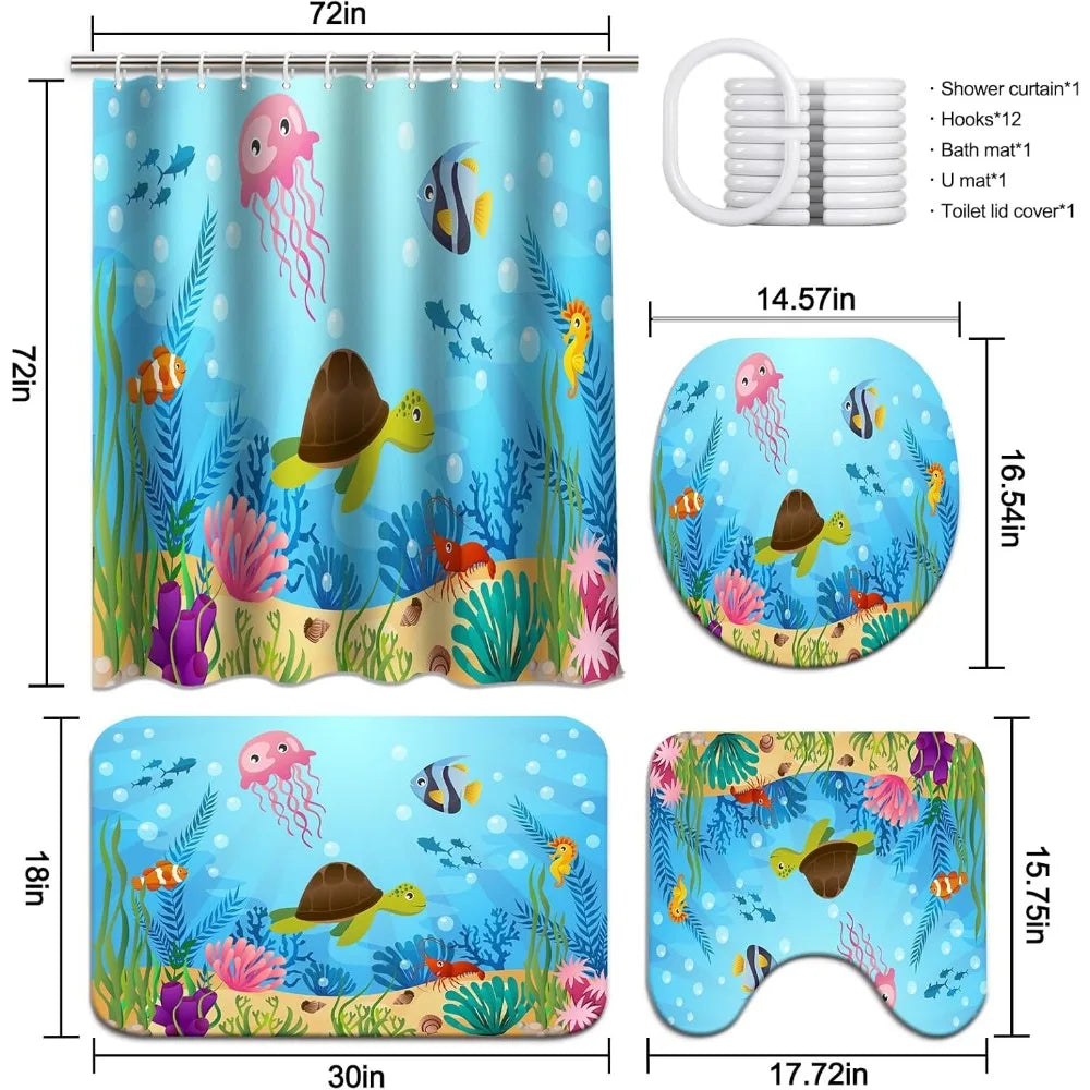 4 pcs kids bathroom shower curtain set, ocean sea turtle bathroom sets for kids bathroom decoration with shower curtain, non sl