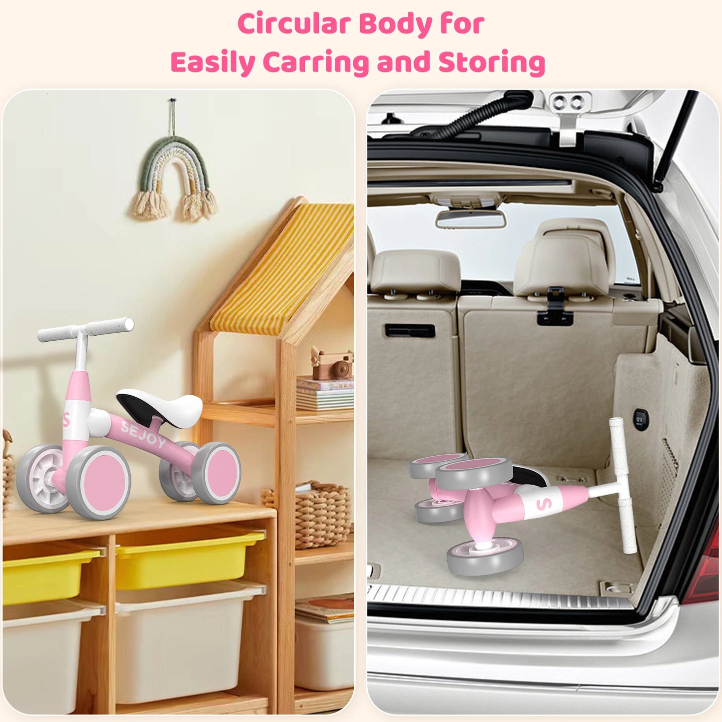 Sejoy Baby Balance Bike for 12-36 Month Toddler Riding Toy 4 Wheels Toddler First Bike,Birthday Gifts Boys Girls,Green/Pink