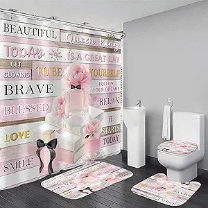 4pcs shower curtain set pink fashion floral bathroom decor inspirational quotes bathroom shower curtain with rugs and accessori