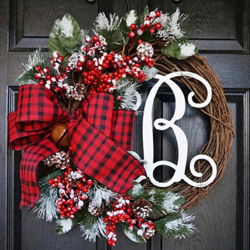 38cm Christmas Letter Wreath American Christmas Door Hanging Simulation Red Fruit Wreath Rattan Circle Decoration