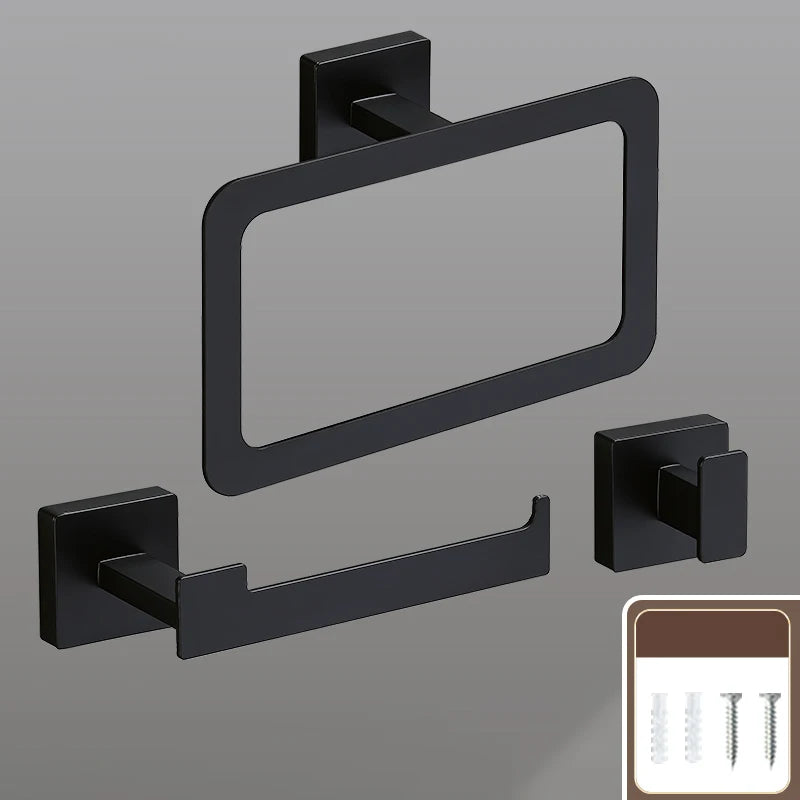 Matte Black Bathroom Accessories Set Wall Mount Towel Bar Towel Ring Roll Paper Holder Robe Hook Stainless Steel Hardware Set