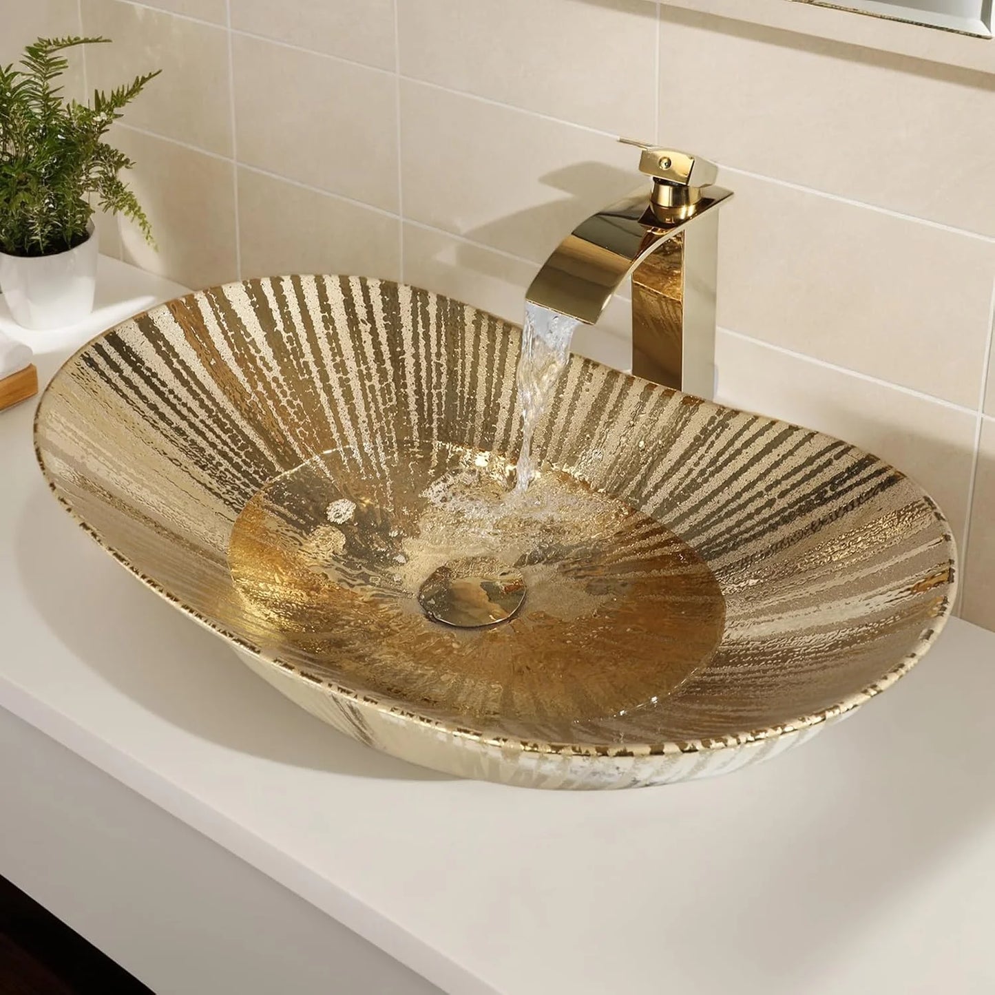 KEMAIDI Big Gold Bathroom Vessel Sink Combos Faucet And Drain Set 24x14 Inch Oval Ceramic Basin Bowl Above Counter Bowl Sinks