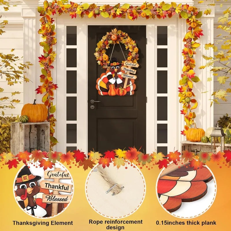 Thanksgiving Wooden Wreath Sign - Turkey & Pumpkin Front Door Decor with 'Thankful Blessed' Message, Fall Harvest Wall Art
